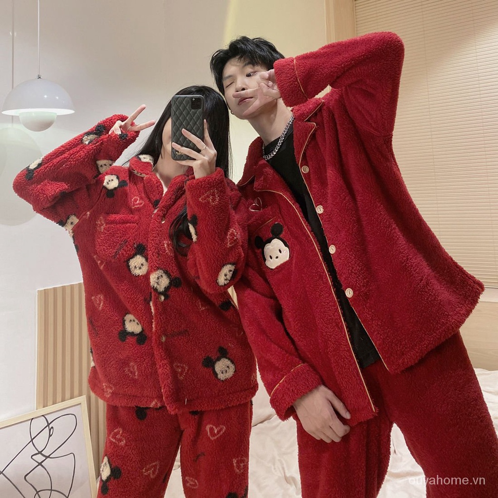 Bộ đồ ngủ chất liệu nỉ in hình chuột Mickey Disney thời trang mùa đông cho cặp đôi