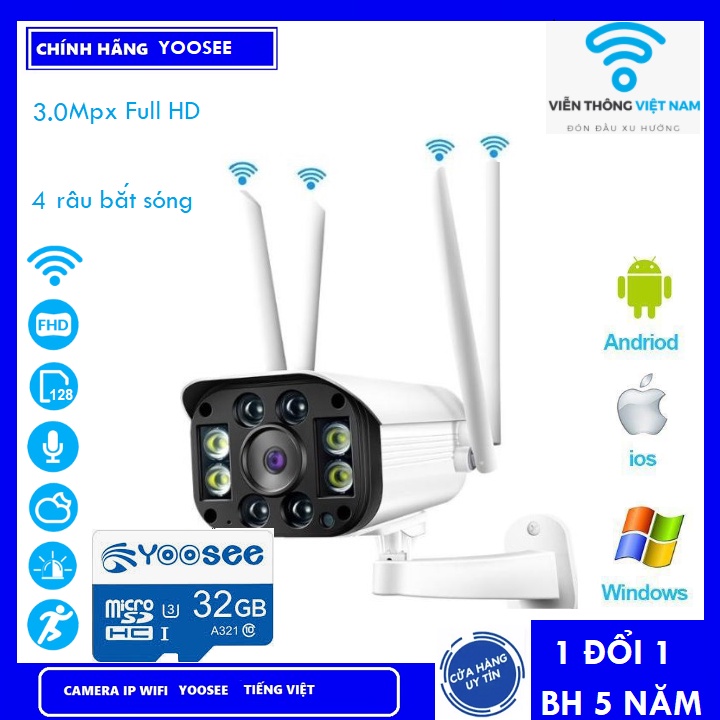 Combo Camera Yoosee ngoài trời 4 Râu 8 Led 3.0Mpx Full HD Chuẩn 1296pixel Thẻ nhớ 32GB Yoosee Chuyên Dụng