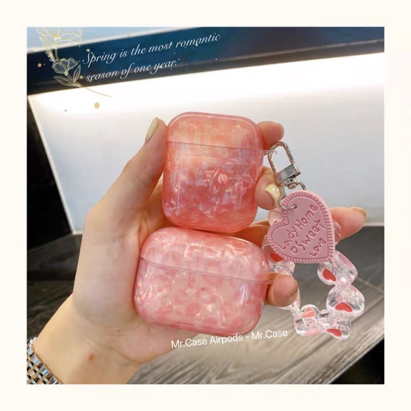 Case Airpods 1/2 /Pro Vỏ Ốp Tai Nghe Hình Màu Hồng Loang Xà Cừ Kèm Dây Móc Khoá Xinh- Mr.Case AirPods