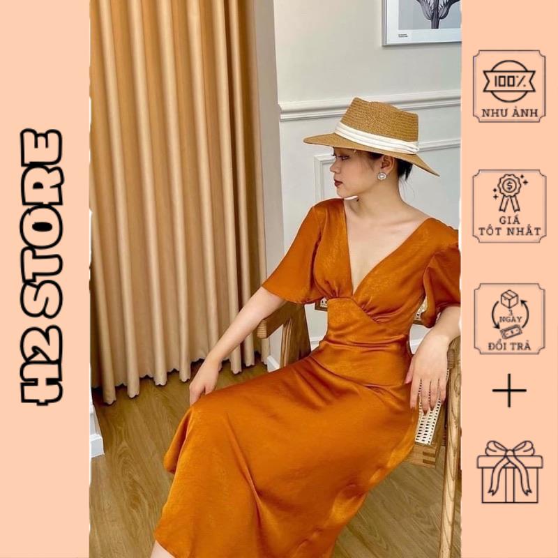 Váy lụa cổ V rúm ngực tay xoè xinh tôn dáng