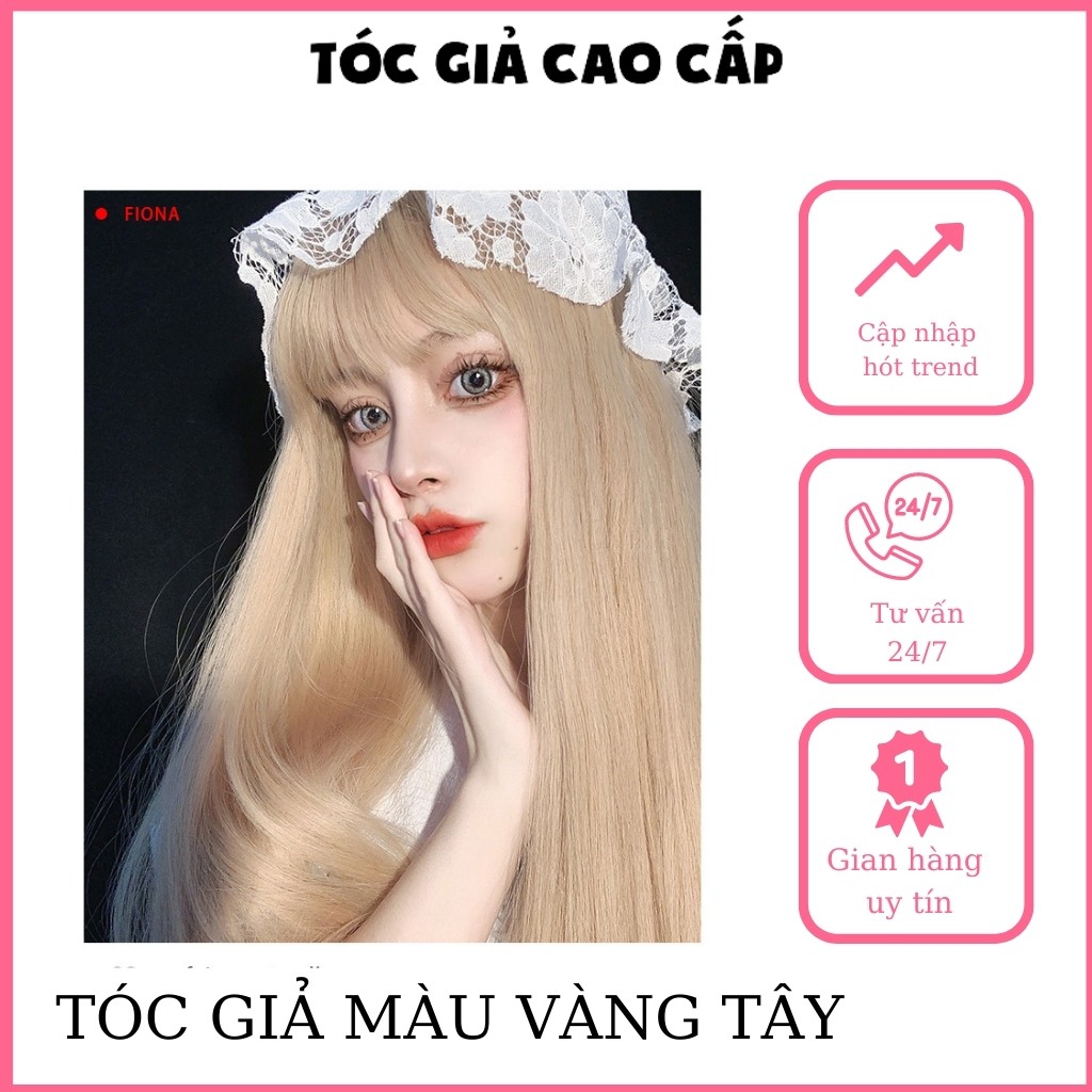Tóc giả nguyên đầu nữ đẹp màu vàng tây, mã 7007, tặng kèm lưới trùm tóc, sợi tơ cao cấp