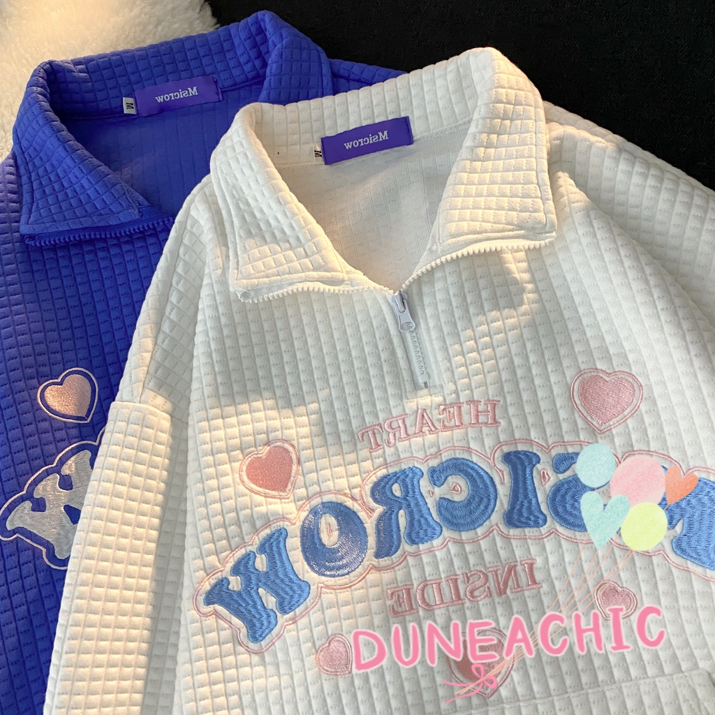 DUNEA Áo Sweater Cổ POLO Màu Xanh Dương Thêu Chữ Waffle Klein Cổ Điển Cho Nữ DUNEA