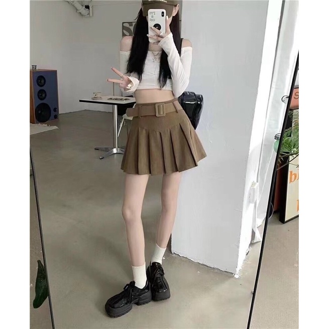 Chân váy đai xếp ly xoè nhung tăm phong cách retro 6 màu đen/ nâu /rêu/ be/ hồng trắng