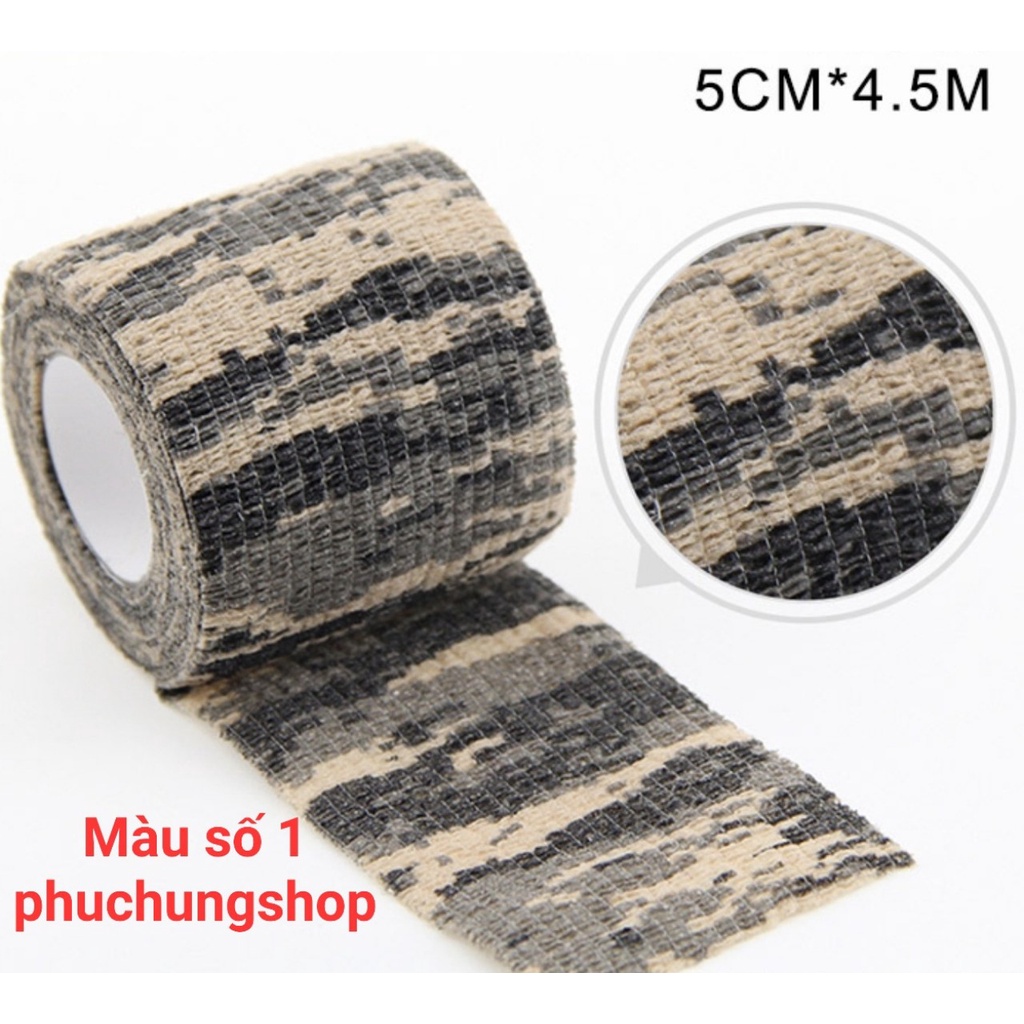 Băng Keo Quấn Nguỵ Trang Vải Loại Lớn 5cm Dài 4,5M Chất Liệu Vải Co Giãn Tự Động Kết Dính, đa dạng màu sắc rằn ri, camo