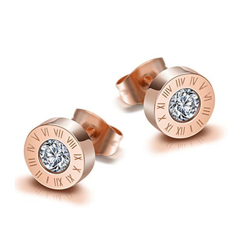 Bông Tai Số La Mã Đính Đá Bằng Thép Không Gỉ Chất Lượng Cao Cho Nữ