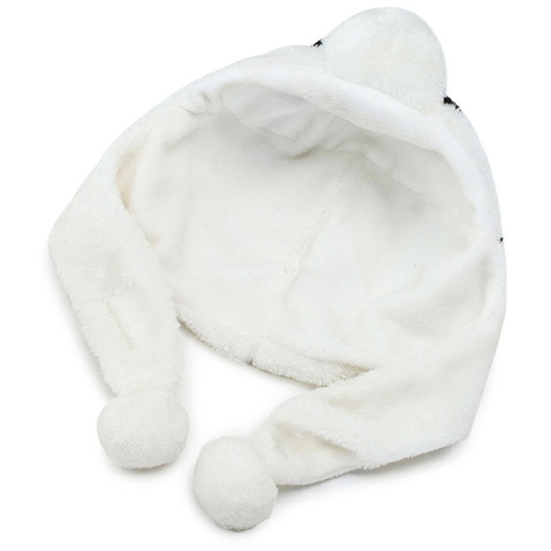 Mũ beanie nhồi bông giữ ấm hình gấu trúc hoạt hình có dây dài bảo vệ tai đính quả bóng lông xinh xắn