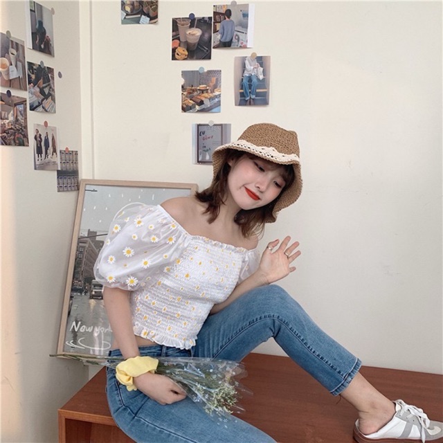 áo bẹt vai tay bồng hoa nhí thời trang hàn quốc