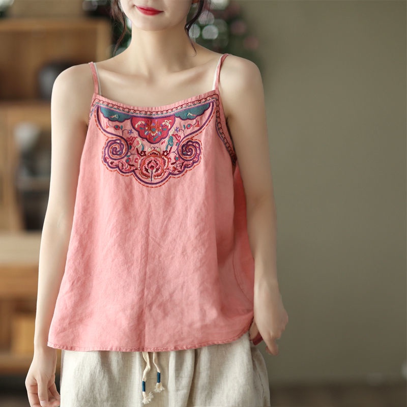 Áo Hai Dây Cotton Lanh Mỏng Thêu Họa Tiết Dân Tộc Phong Cách Retro Mới 2022