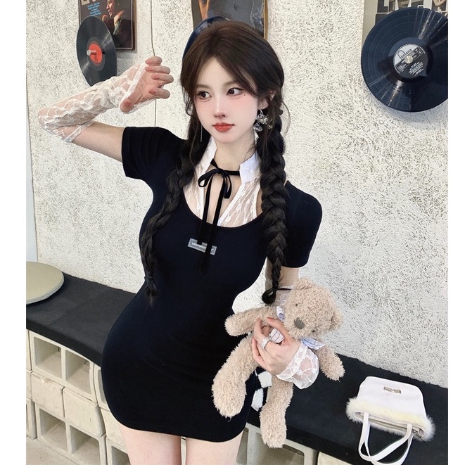 Đầm Ôm Dáng Tay Ngắn Co Giãn Phối Ren Thời Trang Mùa Hè Hàn Quốc Mới