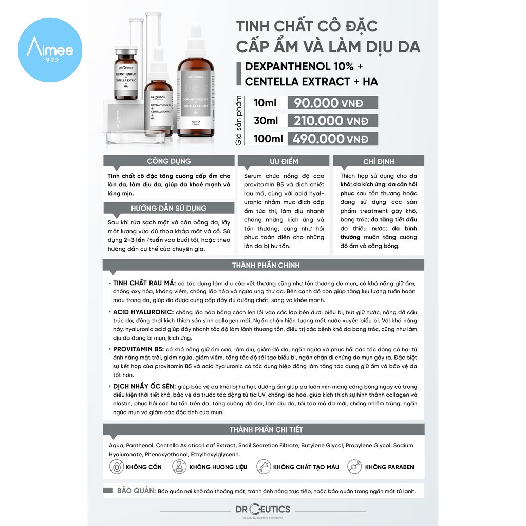 Serum B5 DrCeutics Cấp Ẩm Và Phục Hồi Da Dexpanthenol 10% + Centella Extract + HA 30ml [Aimee1992]