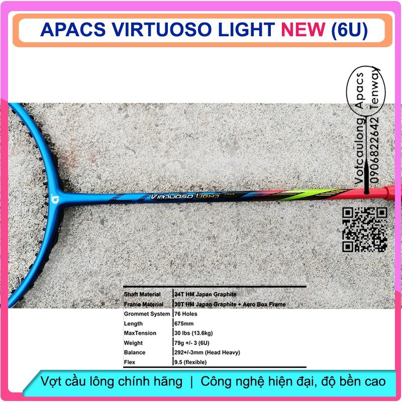 Vợt cầu lông Apacs Virtuoso Light - 6U (76gr) - nhẹ tựa lông hồng, màu sắc tươi trẻ