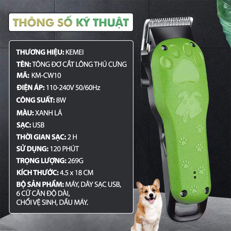 Tông đơ cắt lông thú cưng không dây Kemei KM-CW10 chuyên nghiệp công suất mạnh 8W sạc nhanh USB - Hàng chính hãng