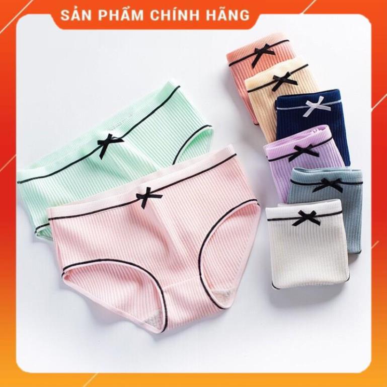 Quần Lót Cotton Tăm Viền Kẻ Phối Nơ Cao Cấp 028
