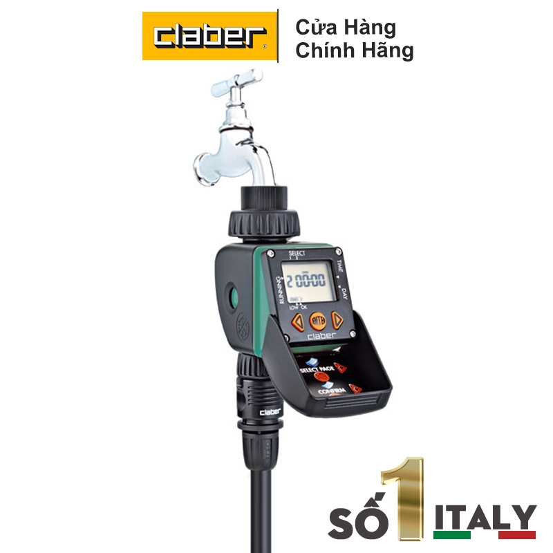 Bộ van hẹn giờ tưới cây  Aquauno Video 2 Claber 8428, tưới tối đa 2 lần/ngày, tặng kèm Pin 9V