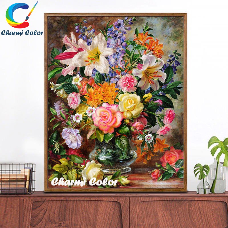 Tranh sơn dầu số hoá tự tô đã căng khung 40x 50 cm-Lọ hoa ly cánh hồng DZY5067