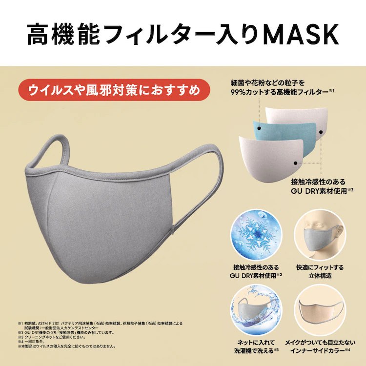 (GU Nhật chính hãng) Nam/ Nữ - Set 2 khẩu trang vải chất liệu GU Dry với bộ lọc hiệu suất cao