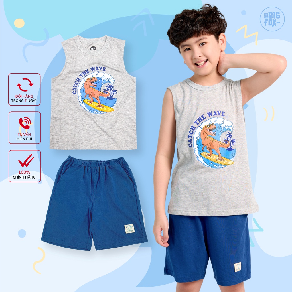Đồ Bộ Bé Trai BIGFOX - MISS MEOW, Bộ Ba Lỗ Cho Bé Mùa Hè Chất Cotton Mềm Mịn In Khủng Long 3,4,5,6,7,8,9,10,11 Tuổi