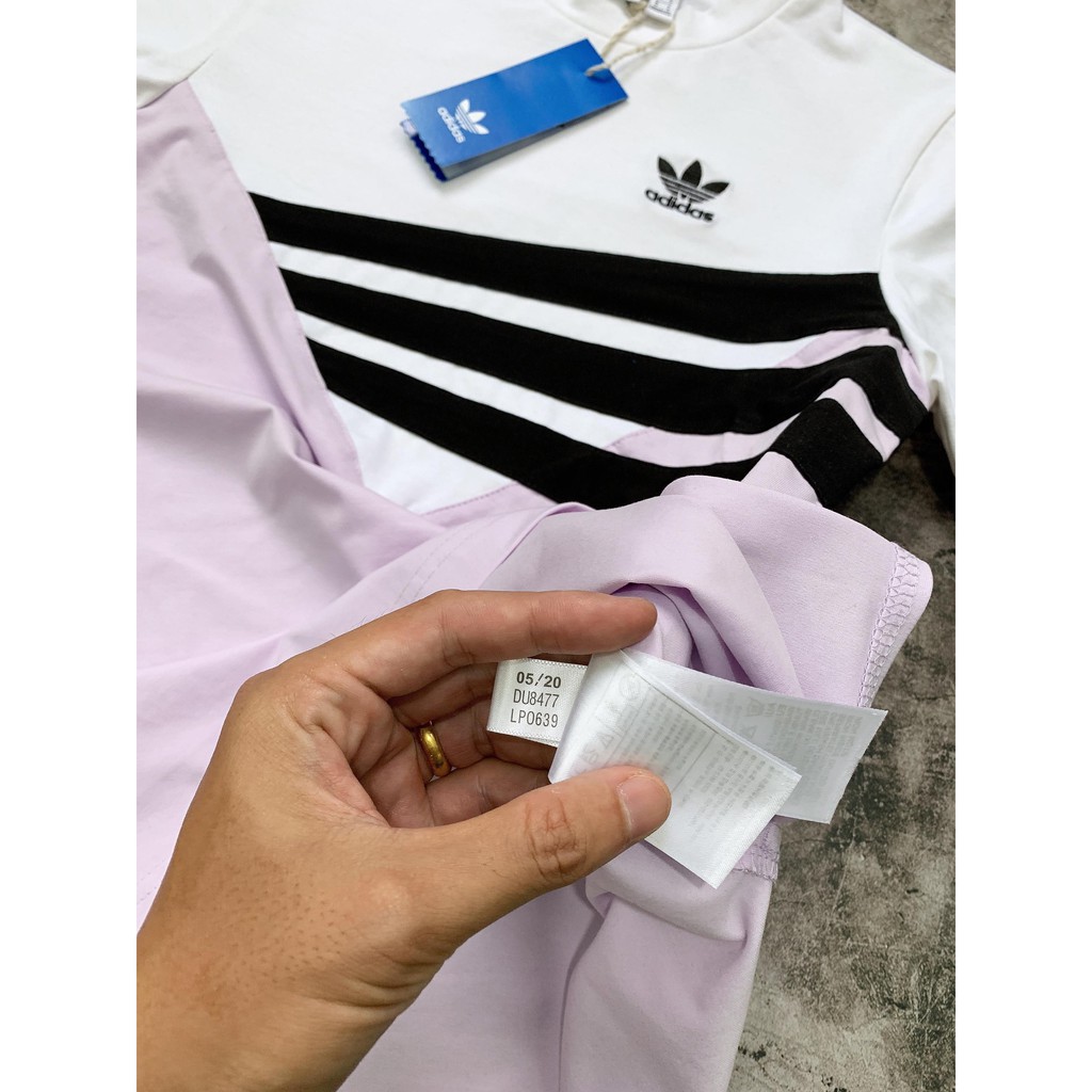 (HÀNG XUẤT XỊN) Áo das tím nhạt phối trắng, 3 sọc ngang 9991 Geometric 3-Stripes Tee White/Purple