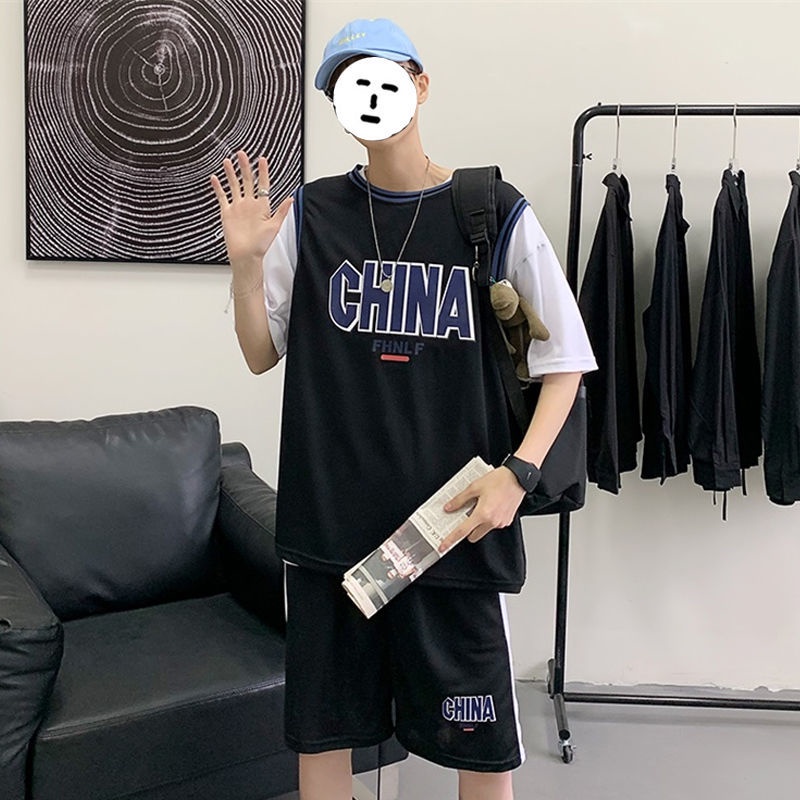 Summer ice silk fake two-piece sportswear suit 2021 new men's fashion casual short-sleeved t-shirt basketball shorts
