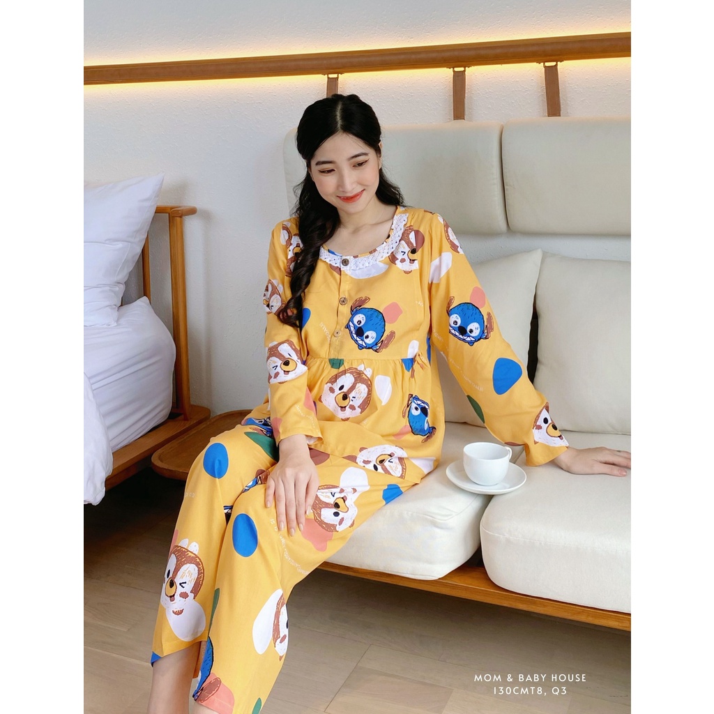 Bộ tôn 2 da thái bầu 2in1 kết hợp sau sinh tay dài cài cúc mặc nhà