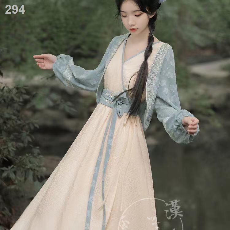 Hán phục Hanfu nữ phong cách đồng quê xéo tay váy lồng đèn cắt hoa áo cardigan lưới màu đỏ cổ