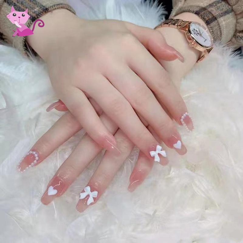 Bộ Móng Tay Giả Dáng Dài Đính Nơ Và Ngọc Trai Màu Hồng Xinh Xắn Thời Trang Cho Nữ