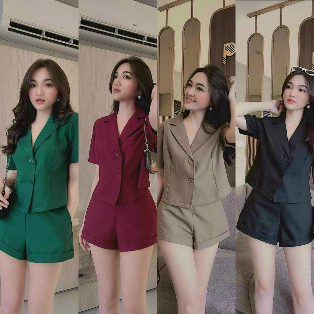 Sét bộ đùi áo tay ngắn cổ vest cài nút thích hợp mặc đi chơi dạo phố cực xinh