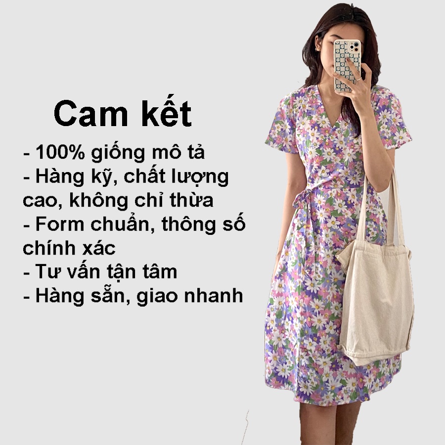 Váy hoa nhí vintage qua gối Gorogi, váy ôm body thiết kế cổ V, đầm dự tiệc ăn cưới đi biển đi chơi
