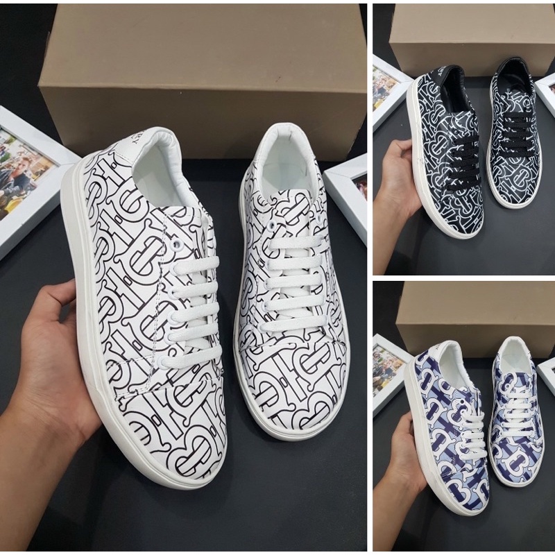 Giầy thời trang có hoạ tiết vân logo ba mầu trắng đen xanh, Giầy nam buộc dây phong cách trẻ trung btshop từ 38 đến 42