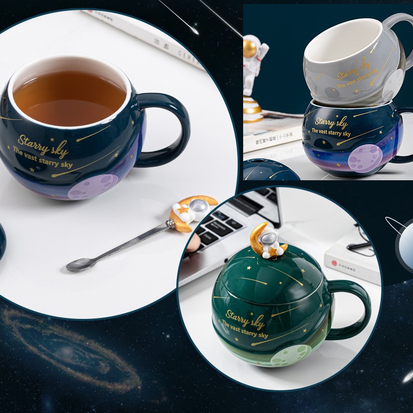 [Hàng sẵn] Cốc - Ly hành tinh chạm nổi - Có tượng phi hành gia trên đầu muỗng - Cốc có nắp và muỗng kèm hộp