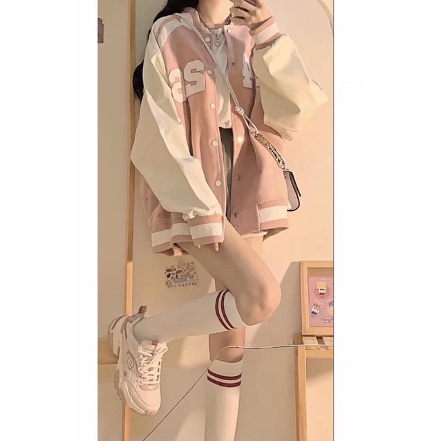 Áo Bomber Bóng Chày Nỉ F426 Unisex Cao Cấp,Áo Khoác Nỉ Màu Hồng Phong Cách Hàn Quốc Phối Tay Da Kèm Video Ảnh Thật Sẵn