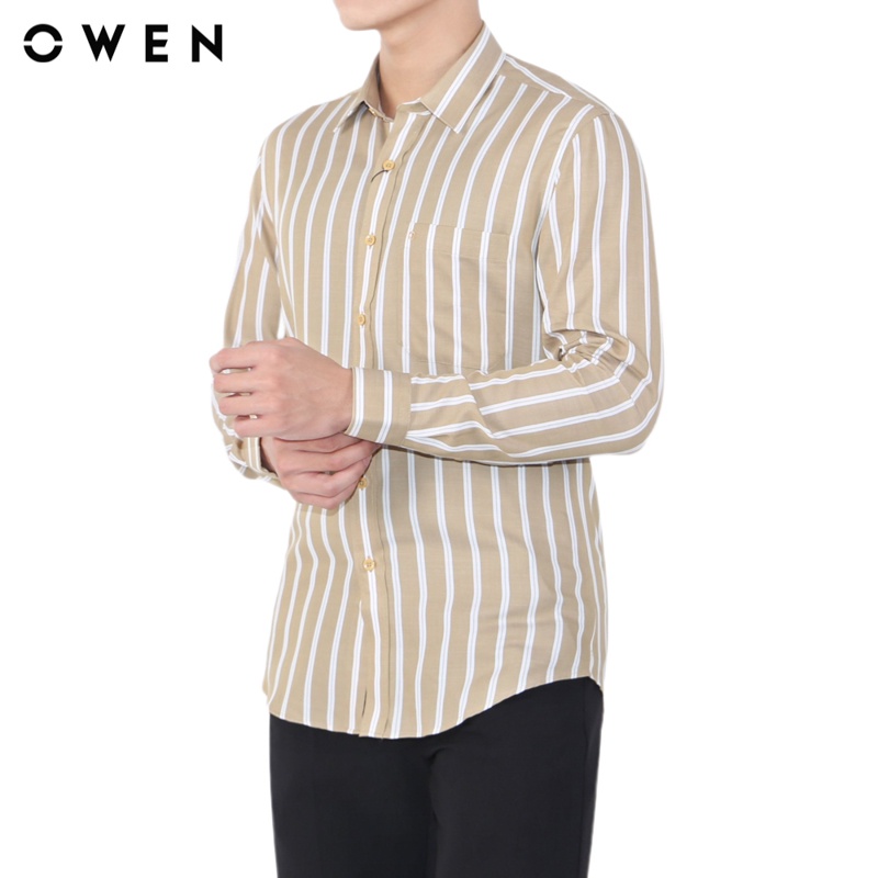 Áo sơ mi dài tay nam Owen Bamboo Regular Fit Be trắng - AR23195D