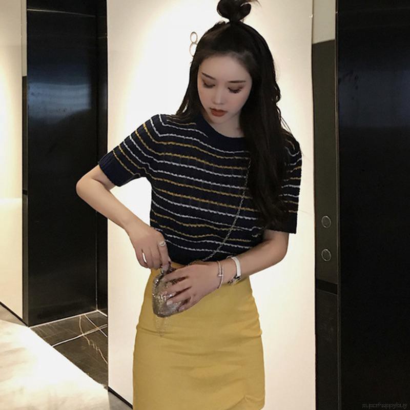 Áo thun dệt kim dáng ôm tay ngắn họa tiết kẻ sọc phong cách Hàn Quốc dễ thương dành cho nữ