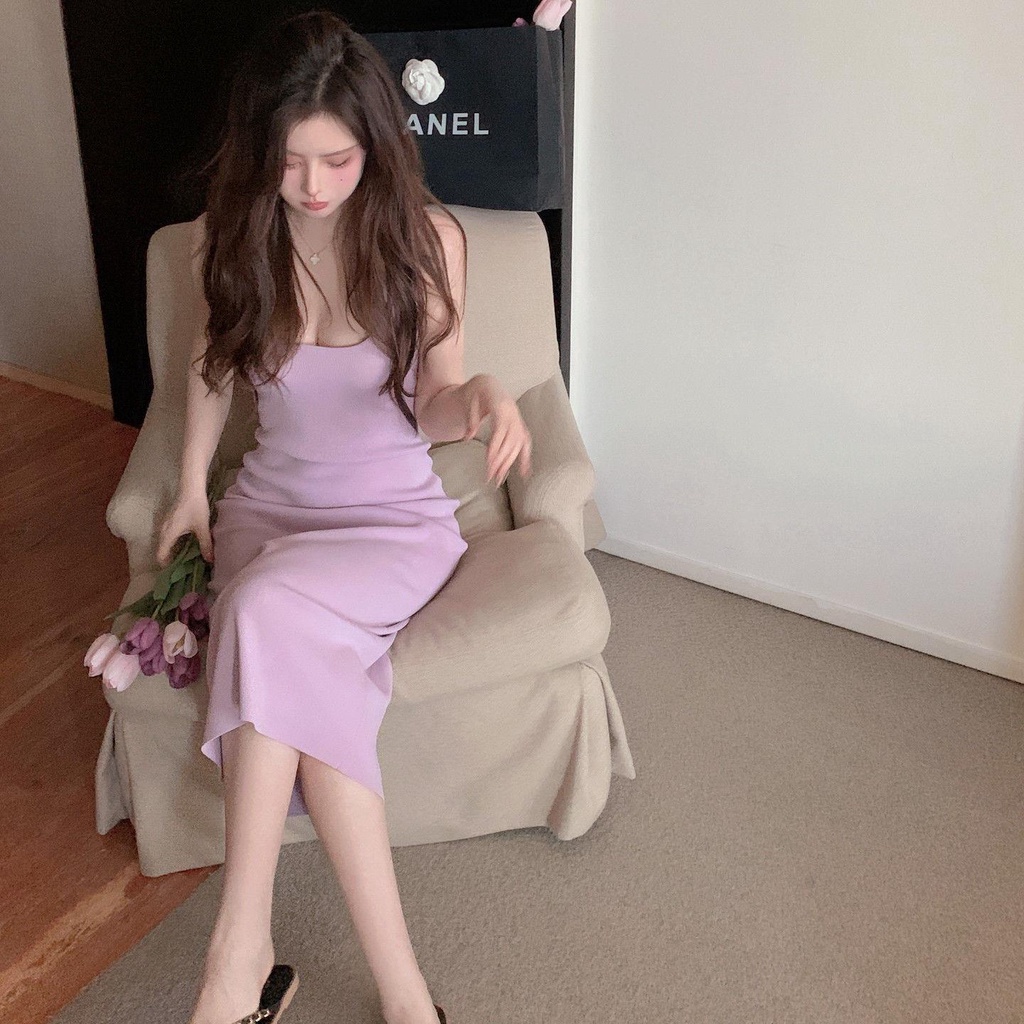 Đầm Lửng Hai Dây Dáng Ôm Màu Tím Thời Trang Mùa Hè Xinh Xắn Cho Nữ