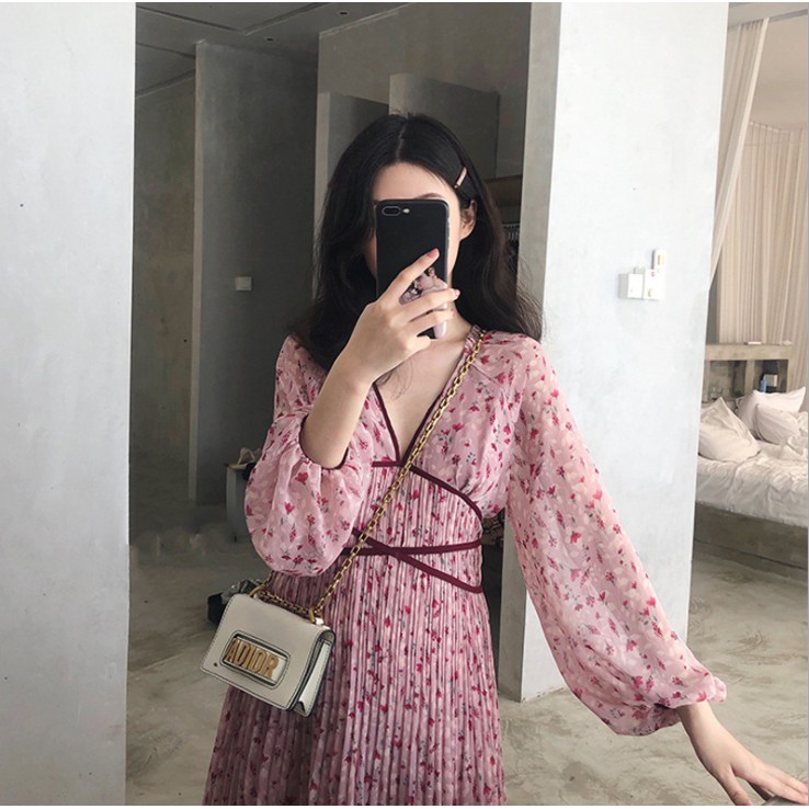 Đầm nữ xinh hàng Quảng Châu  thiết kế dáng dài MIDI họa tiết hoa nhí hồng  phong cách cô nàng tiểu thư đẹp dịu dàng