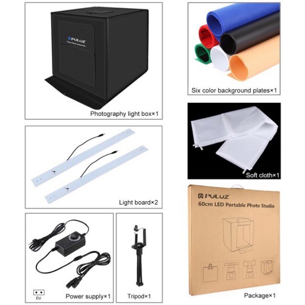 Hộp chụp sản phẩm Puluz 40x40cm có 2 dãy đèn led siêu sáng và 6 phông nền