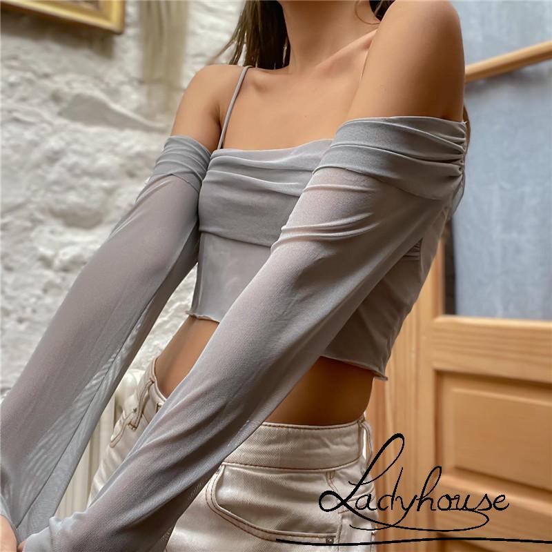 Áo Croptop Trễ Vai Tay Dài Màu Trơn Phối Lưới Thời Trang Cho Nữ