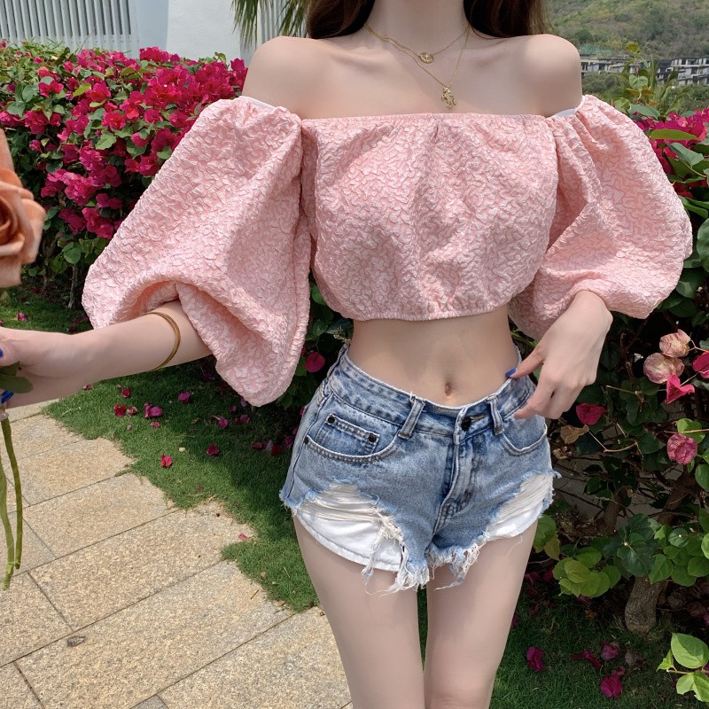 Korean jacquard tube top one-line neck blouse strapless sexy short top