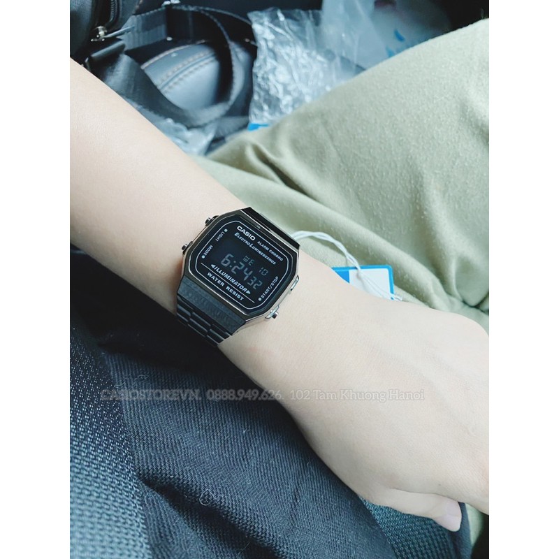 Đồng hồ Nam Casio A168WGG-1A, đồng hồ chính hãng, dây xám, mặt đen, màn hình trắng