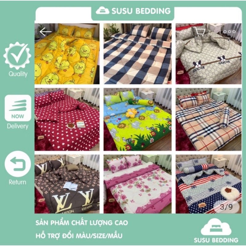 Xả kho set chăn ga poly 5 món, chăn phao Trần bông dày dặn kèm ga gối cùng màu