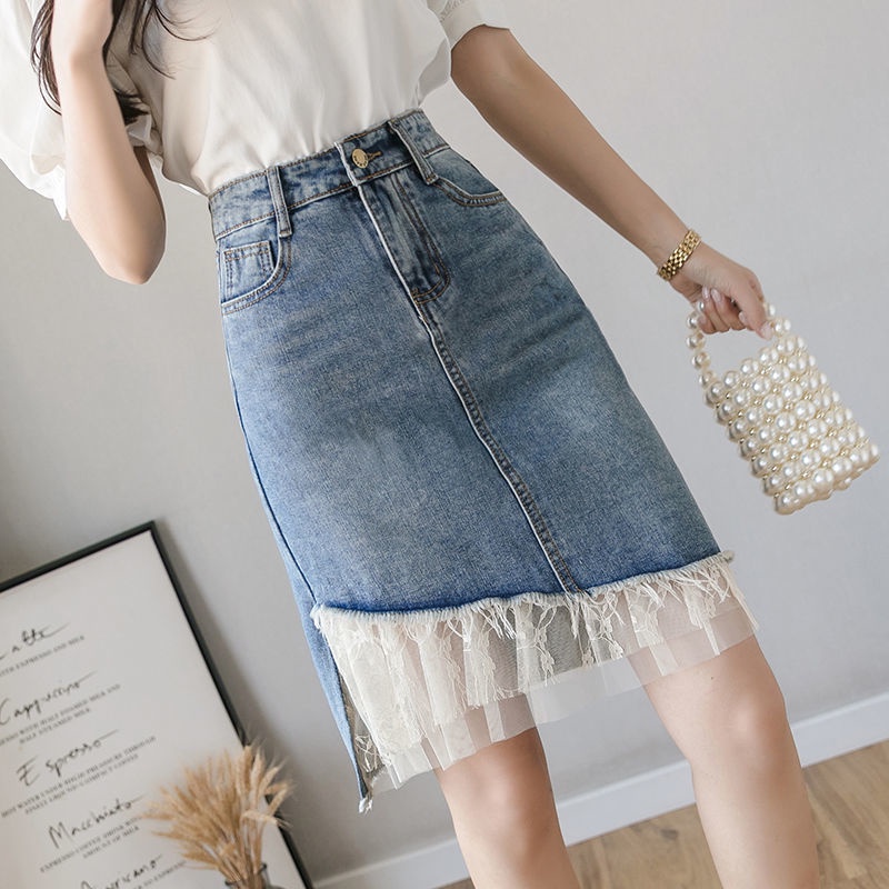Chân Váy Denim Chữ a Lưng Cao Phối Ren Phong Cách Hàn Quốc Dễ Phối Đồ Thời Trang Cho Nữ