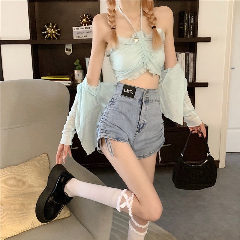 COZOK Quần Short Denim Dây Rút Lưng Cao Thời Trang