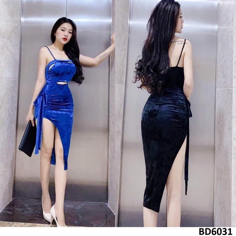 Đầm nhung 2 dây xẻ đùi