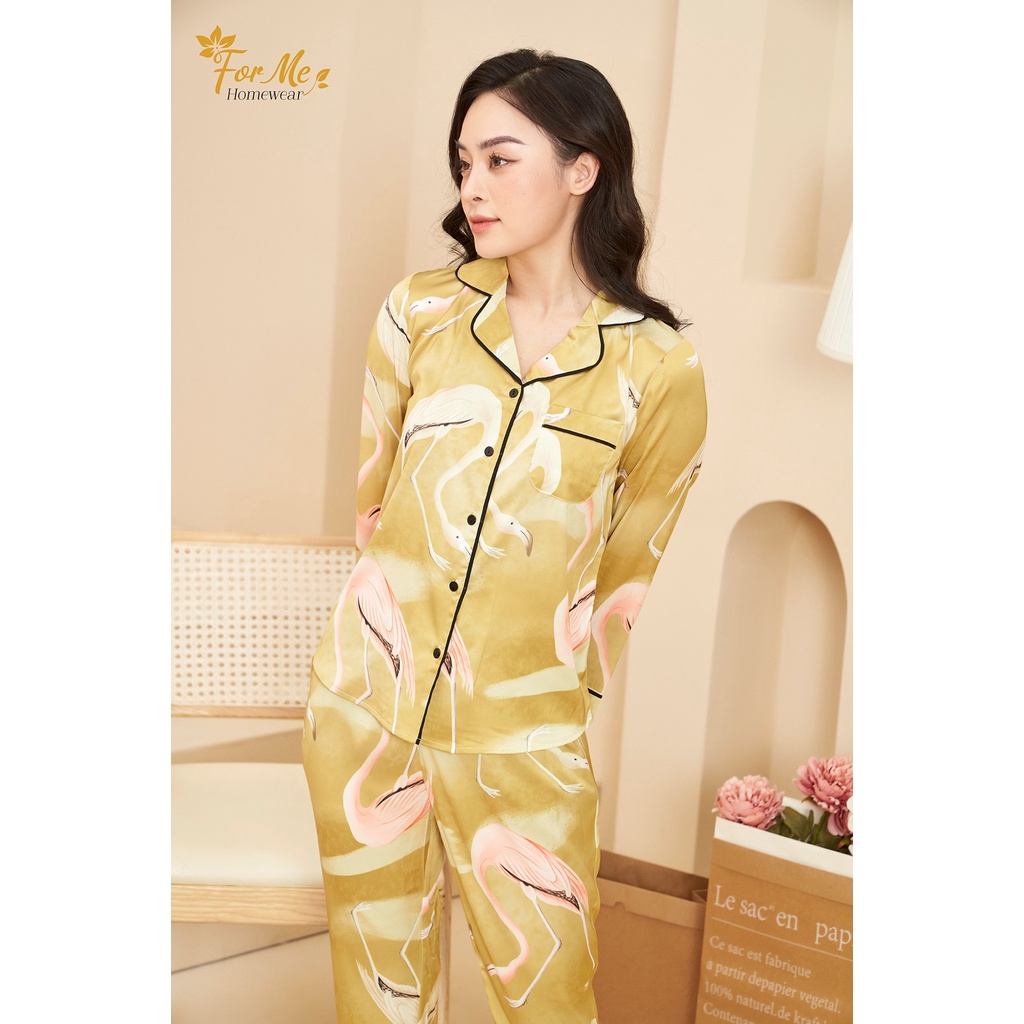 Bộ đồ ngủ, mặc nhà chất Lụa Giấy Luxury Dài Tay Hạc Vàng 04  ,forme pijama
