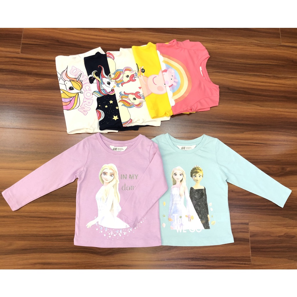 Áo HM thu đông dài tay cho bé gái, hình ngựa Pony, Elsa, Poppa; có size từ 4-10 tuổi, form to