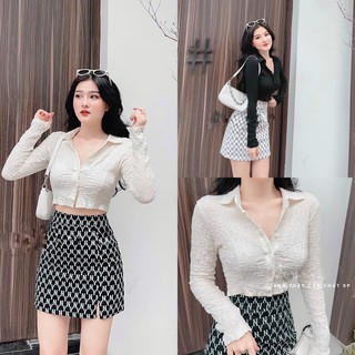 Set Bộ Áo Croptop Dài Tay Cổ Bẻ Chân Váy CHANREEN [FREESHIP] Set đồ cực kỳ tôn dáng, trẻ trung mà vẫn lịch sự