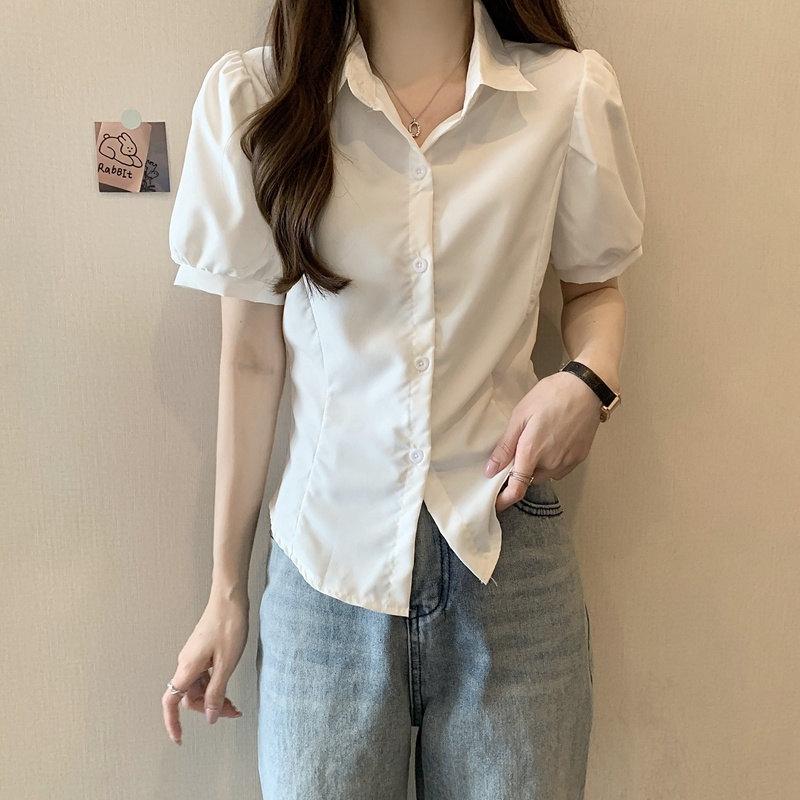 SUXI Áo Sơ Mi Tay Phồng Màu Trơn Dáng Ôm Dễ Phối Đồ Thời Trang Mùa Hè Cho Nữ