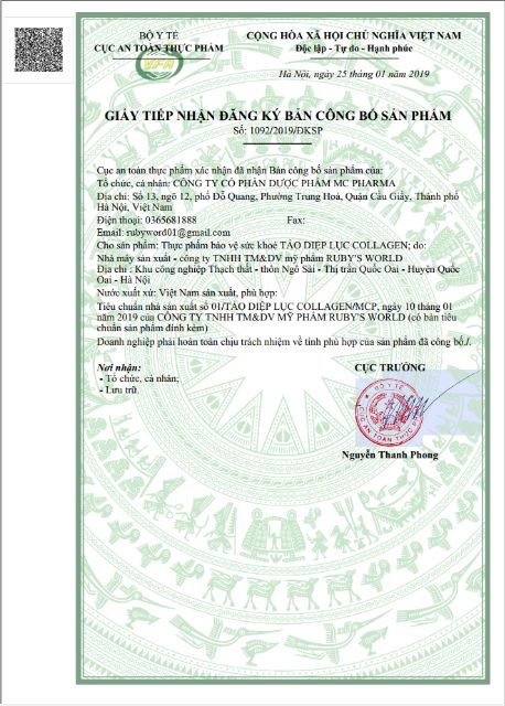 [1 HỘP 30 GÓI]Tảo Diệp Lục Colagen Mc Pharma | Thế Giới Skin Care