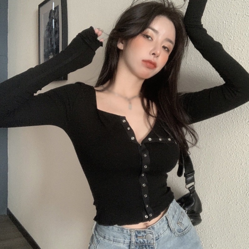 Áo thun tay dài cổ chữ V thời trang cho nữ