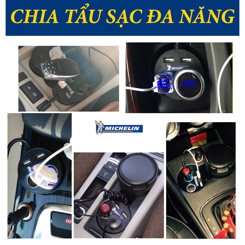 Thiết bị chia tẩusạc ô tô MICHELIN 9001ML 1 ra 2 cổng công suất 100W Kèm 2 cổng USB 2.1A